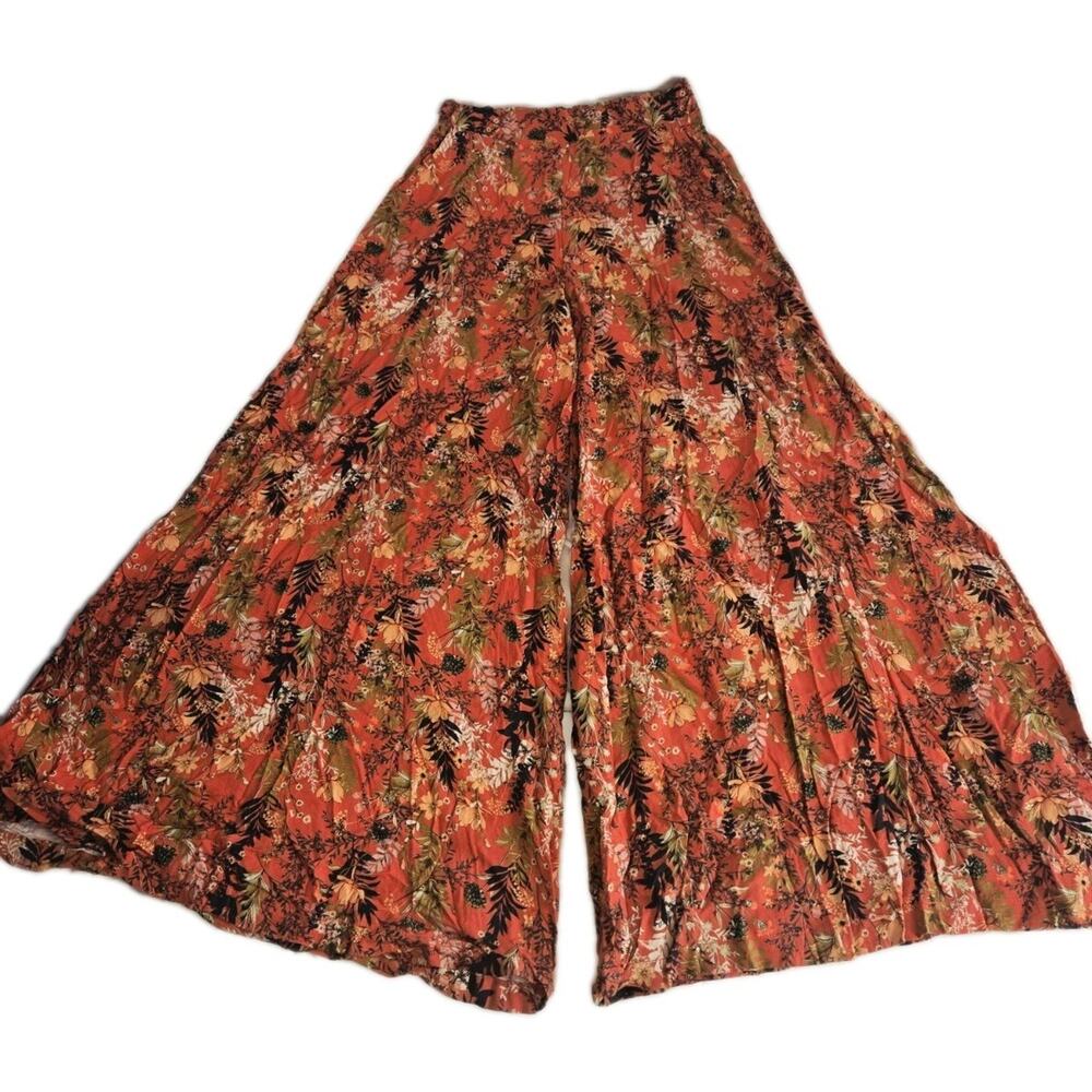 Rewash S Indie Wide Leg Burn Orange Floral High Waist Boho Pants Western Casual